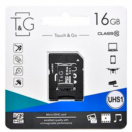 Карта памяти microSDHC 16Gb T&G (UHS-1)(Class 10) + Adapter SD