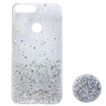 Чехол-силикон блестки + popsoket Huawei Y7 2019 Clear
