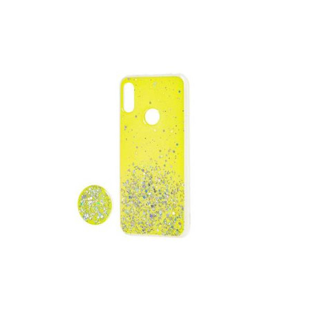 Чехол-силикон блестки + popsoket Huawei Y6 2019 Yellow