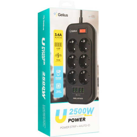 Сетевой фильтр Gelius Pro PowerStrip U-Power (6 220V Ports/ 4 USB ports 3.4A) 2m (GP-PS-002) Black