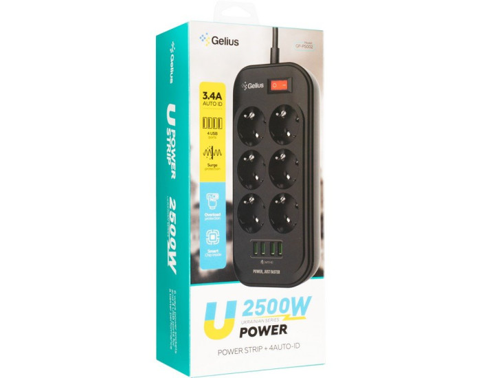 Сетевой фильтр Gelius Pro PowerStrip U-Power (6 220V Ports/ 4 USB ports 3.4A) 2m (GP-PS-002) Black 