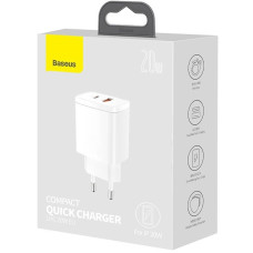 Мережеве зарядний пристрій Baseus 1USB + Type-C Compact QC 20W (CCXJ-B) (Білий  White)