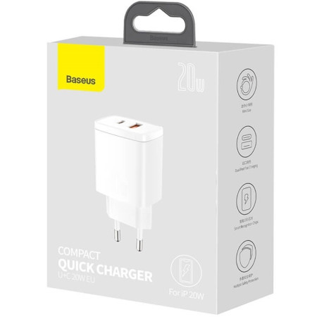 Сетевое зарядное устройство Baseus 1USB + Type-C Compact QC 20W (CCXJ-B) (Белый \ White) (Класс B)