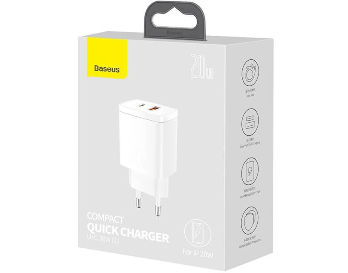 Мережеве зарядний пристрій Baseus 1USB + Type-C Compact QC 20W (CCXJ-B) (Білий  White)