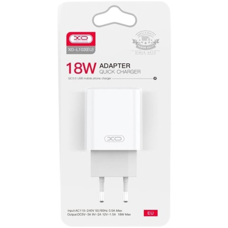 Сетевое зарядное устройство XO L103 (1USB/QC3.0) 18W White