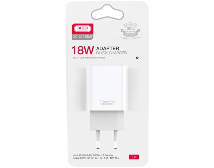 Мережеве зарядний пристрій XO L103 (1USB/QC3.0) 18W White