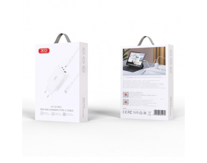 Мережеве зарядний пристрій XO CE13 (EU) 65W GaN fast charging + cable Type-C (Білий / White)