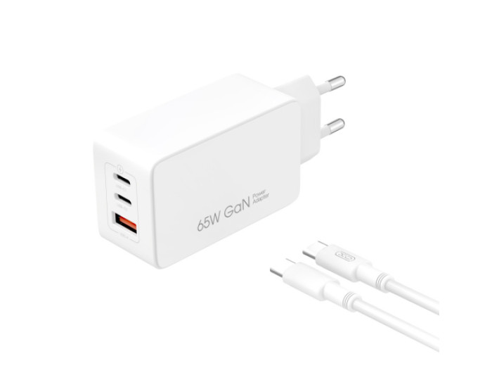 Мережеве зарядний пристрій XO CE13 (EU) 65W GaN fast charging + cable Type-C (Білий / White)