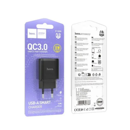 Сетевое зарядное устройство Hoco C140A Smart single port 1USB (18W/QC3.0) Black (Класс B)