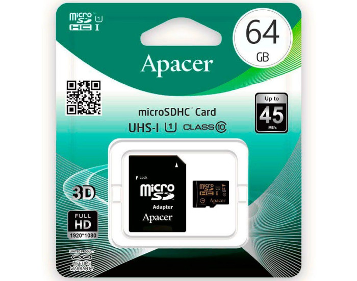 Карта памяти Apacer MicroSD 64GB UHS-1 HC