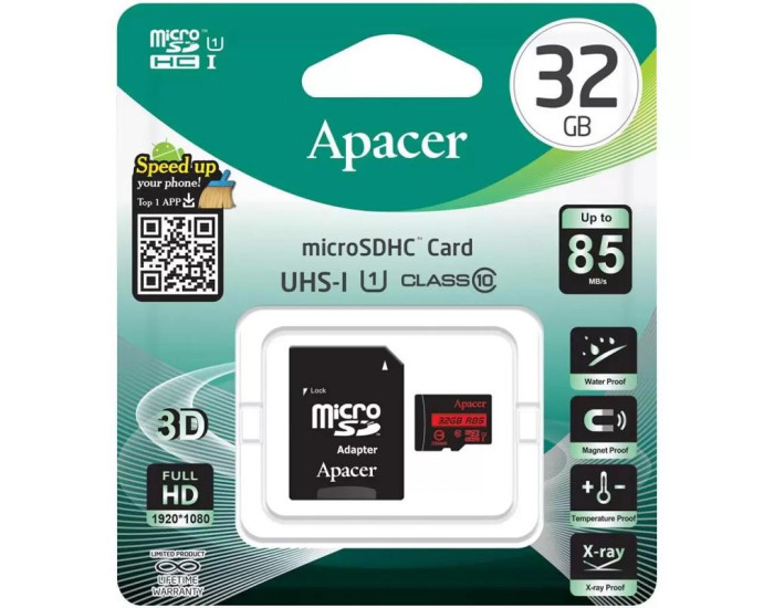 Карта памяти Apacer microSD 32Gb (UHS-1)(R85Mb/s) (Class 10) + Adapter SD