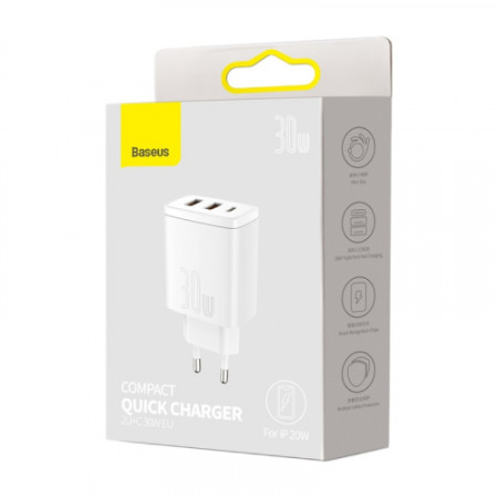 Сетевое зарядное устройство Baseus Compact Quick Charger 30W (2USB+Type-C) (EUCCXJ-E02) White