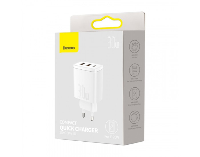 Мережеве зарядний пристрій Baseus Compact Quick Charger 30W (2USB+Type-C) (EUCCXJ-E02) White