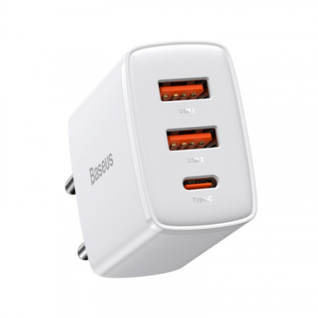 Сетевое зарядное устройство Baseus Compact Quick Charger 30W (2USB+Type-C) (EUCCXJ-E02) White
