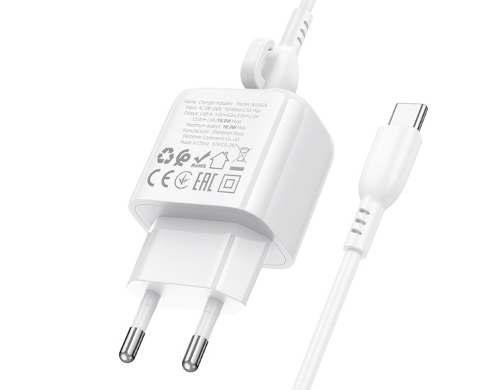 Мережеве зарядний пристрій Borofone BAS42A Potential QC3.0 з кабелем Type-C Білий