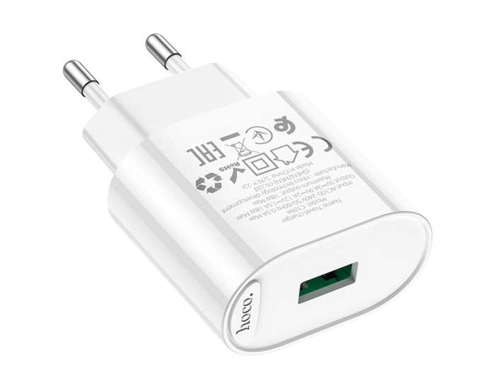 Мережеве зарядний пристрій Hoco Finger (1USB/C109A) (18W/QC3.0) з кабелем Micro White