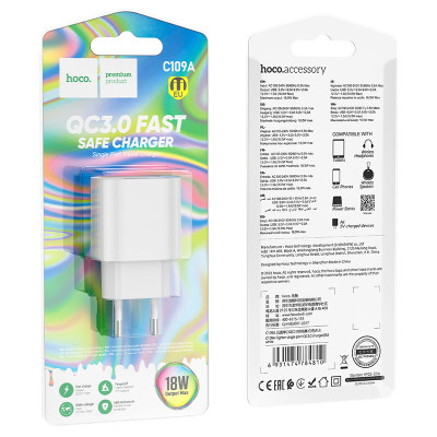 Мережеве зарядний пристрій Hoco Finger (1USB/C109A) (18W/QC3.0) з кабелем Micro White