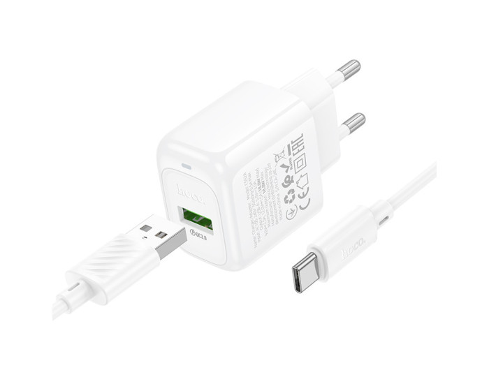 Мережеве зарядний пристрій Hoco CS52A Surplus QC3.0 (1USB-A) + Кабель Type-C, Білий