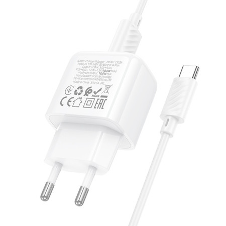 Сетевое зарядное устройство Hoco CS52A Surplus QC3.0 (1USB-A) + кабель Type-C, Белый (Класс B)