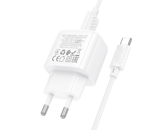 Мережеве зарядний пристрій Hoco CS52A Surplus QC3.0 (1USB-A) + Кабель Type-C, Білий