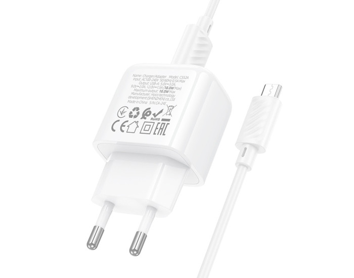 Мережеве зарядний пристрій Hoco CS52A Surplus QC3.0 (1USB-A) + Кабель Micro, Білий