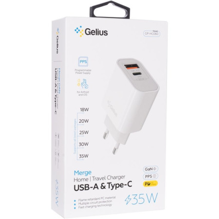 Сетевое зарядное устройство Gelius Merge GP-HC060 GAN USB+Type-C 35W (QC/PD/PPS) White