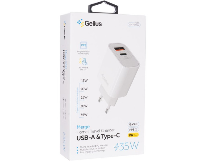 Мережеве зарядний пристрій Gelius Merge GP-HC060 GAN USB+Type-C 35W (QC/PD/PPS) White