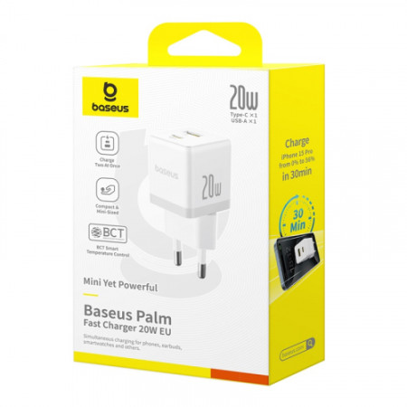 Сетевое зарядное устройство Baseus Palm Type-C + USB 20W (P10111602113-00) White