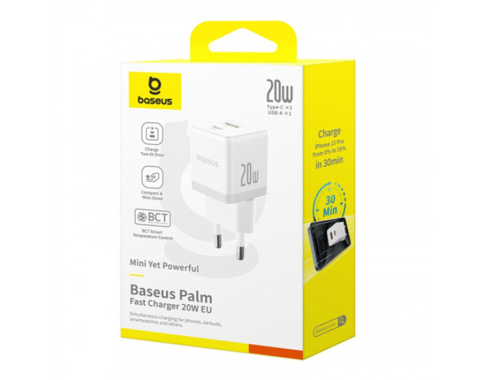 Мережеве зарядний пристрій Baseus Palm Type-C + USB 20W (P10111602113-00) White