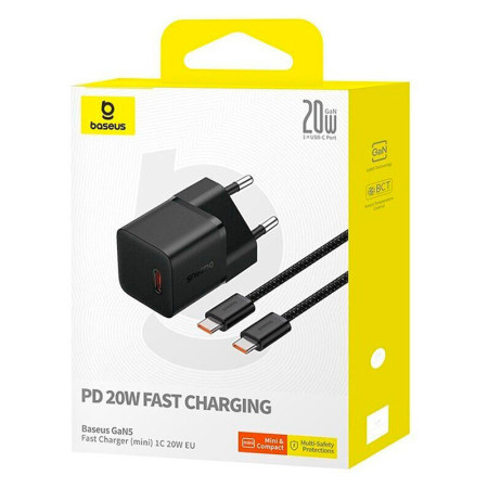 Сетевое зарядное устройство Baseus GaN5 Fast Charger (mini) 1C 20W с кабелем Type-C to Type-C (100W /1m) (P10110900213-00) Black