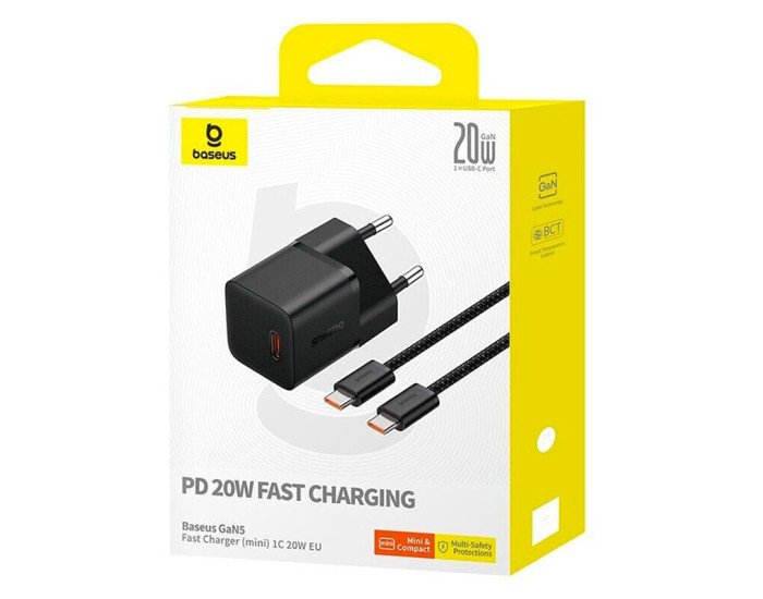 Мережеве зарядний пристрій Baseus GaN5 Fast Charger (mini) 1C 20W з кабелем Type-C to Type-C (100W /1m) (P10110900213-00) Black