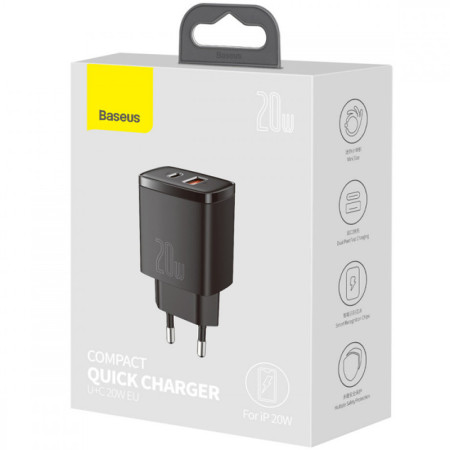Сетевое зарядное устройство Baseus 1USB + Type-C Compact QC 20W (CCXJ-B) (Черный\Black) (Класс B)