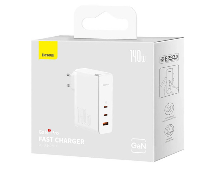 Мережеве зарядний пристрій Baseus GaN5 Pro Fast Charger (2C+U 140W) Cable Type-C to Type-C 1m (140W)(CCGP100201) White