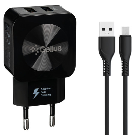 Сетевое зарядное устройство Gelius Ultra Prime (GU-HC02) с кабелем MicroUSB (2USB, 2.1A) Black