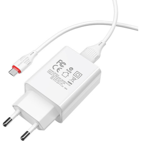 Сетевое зарядное устройство Borofone BA21A Long (QC3.0 1USB/3A/18W) с кабелем Micro White (Класс B)