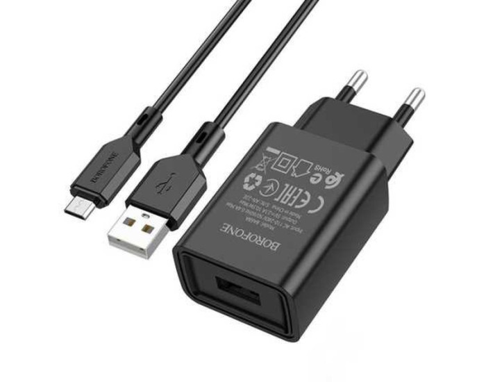 Мережеве зарядний пристрій Borofone BA68A Glacier (1USB/2.1A)+ Cable Micro Black