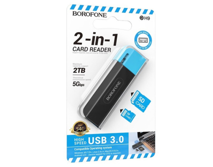 Картридер (Card Reader) Borofone DH9 Wisdom 2-in-1 USB/Type-C 3.0 card reader black blue