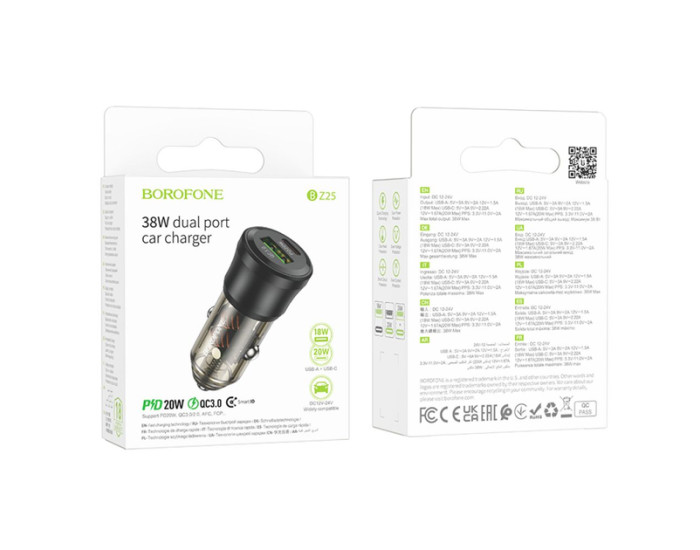 Автомобильное зарядное устройство Borofone (BZ25) Journey (PD38W / 1C1A) car charger transparent black