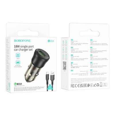 Автомобильное зарядное устройство Borofone (BZ23) 18W QC3.0 (1USB) transparent с кабелем Type C черный
