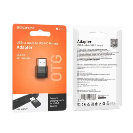 Переходник Borofone BV18 USB-A male to Type-C female USB2.0  adapter чорний (Класс C)