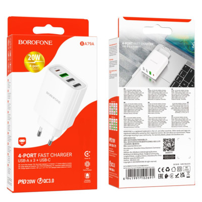 Мережеве зарядний пристрій Borofone BA79A Clever (PD20W+QC3.0) (3 USB-A+ 1 USB-C) Білий