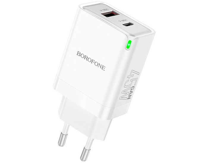 Мережеве зарядний пристрій Borofone BN16 (PD45W/QC3.0) (USB-A+USB-C) White
