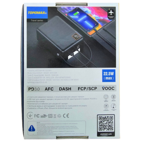 Портативная батарея Topomax 80000mAh Fast Charge (QC+PD) 22.5W- черный