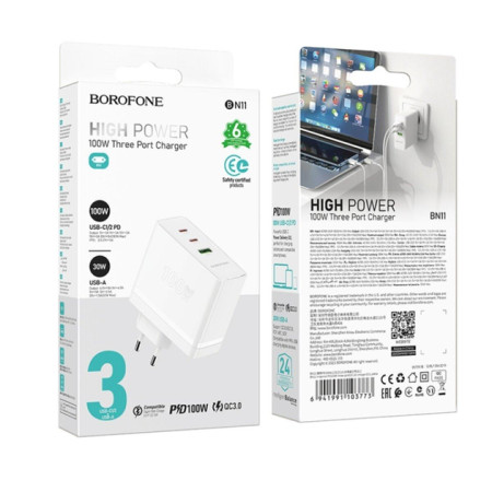 Сетевое зарядное устройство Borofone BN11 Imperial PD100W GaN (2USB-C+USB-A) Белый