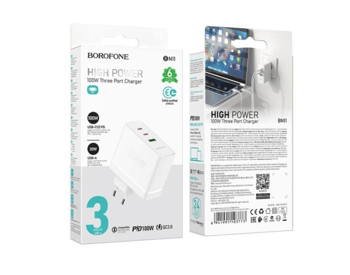 Мережеве зарядний пристрій Borofone BN11 Imperial PD100W GaN (2USB-C+USB-A) Білий