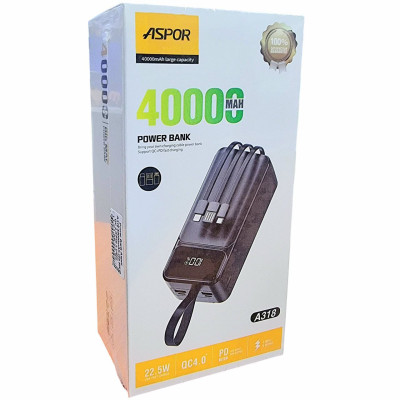 Портативная батарея Aspor A318 40000mAh (22.5W/QC 4.0/PD) + cable USB/Lightning/Type-C чорний