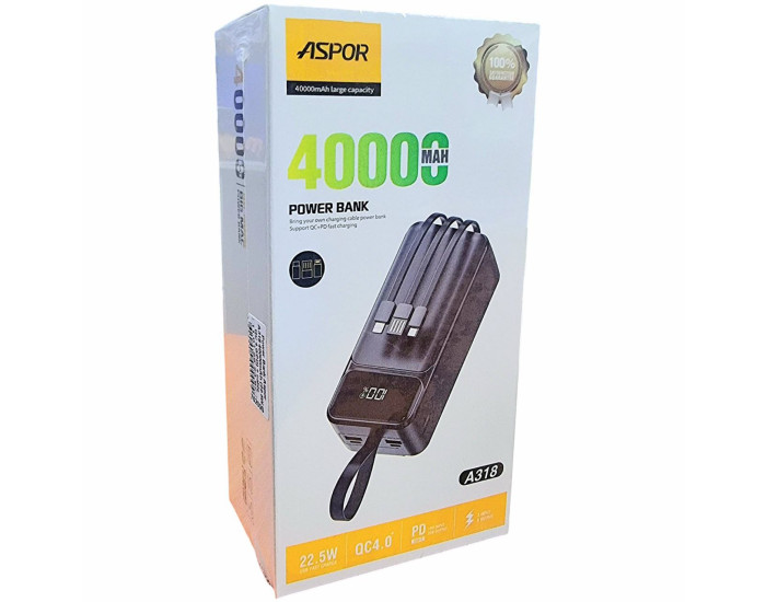 Портативна батарея (Power Bank) Aspor A318 40000mAh (22.5W/QC 4.0/PD) + cable USB/ Lightning/ Type-C, чорний