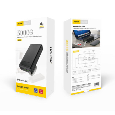Портативная батарея Aspor A306 Fast Charge 30000mAh (QC+PD) 22.5W чорний