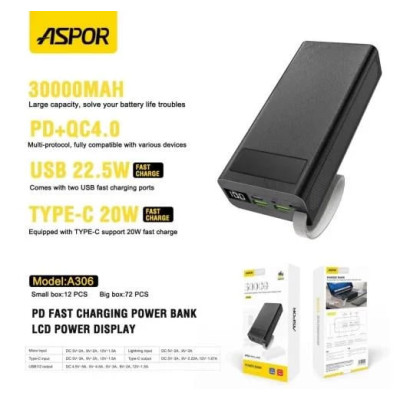 Портативная батарея Aspor A306 Fast Charge 30000mAh (QC+PD) 22.5W чорний