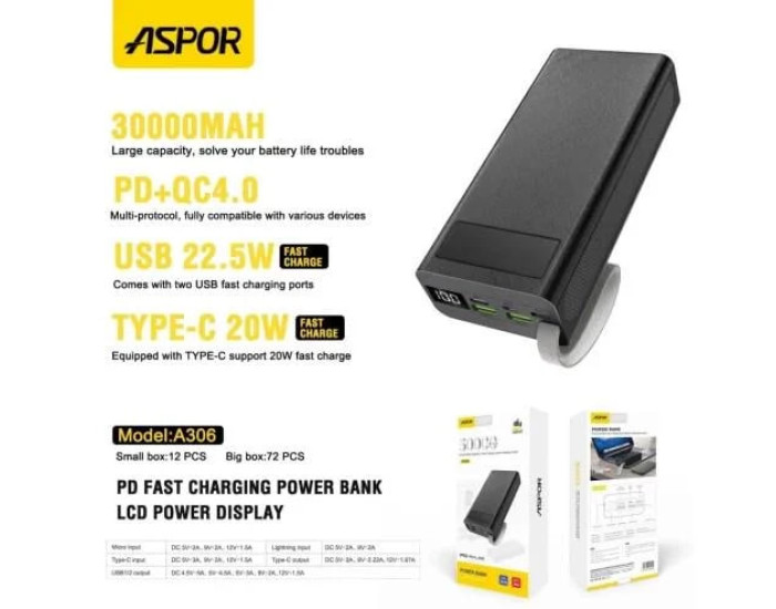 Портативная батарея (Power Bank) Aspor A306 Fast Charge 30000mAh (QC+PD) 22.5W чорний